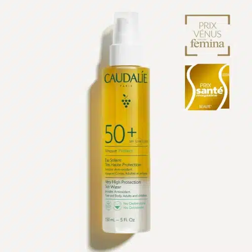 Eau Solaire Très Haute Protection SPF 50 de Caudalie, visage et corps 150 ml.