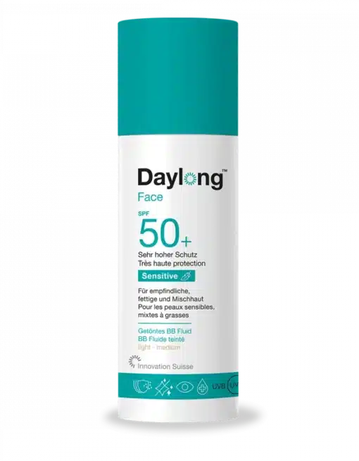 Flacon de fluide teinté Daylong Face SPF 50+ pour peaux sensibles, mixtes à grasses