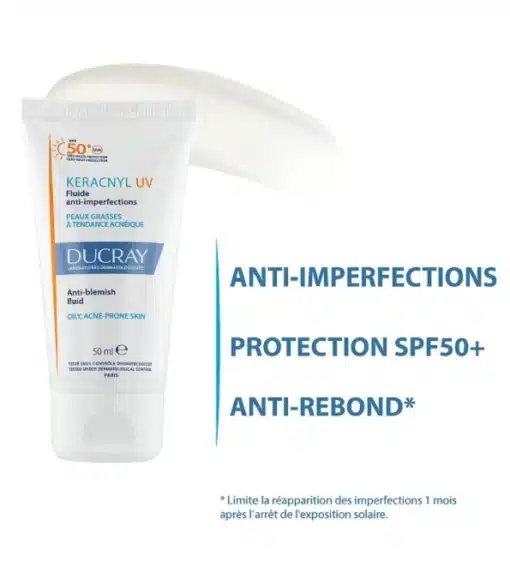 Présentation du fluide anti-imperfections Ducray Keracnyl UV SPF 50+ 50 ml