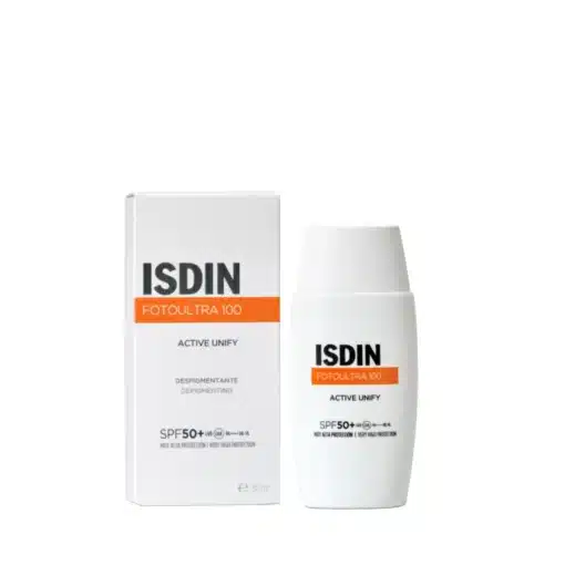 Flacon et boîte de Isdin FotoUltra 100 Active Unify SPF 50+ 50 ml