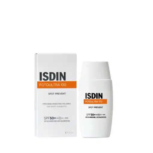 Flacon et boîte de Isdin FotoUltra 100 Spot Prevent SPF 50+ 50 ml