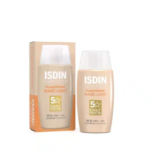 Flacon et boîte de Isdin Fotoprotector Fusion Water Magic Light SPF 50 50 ml