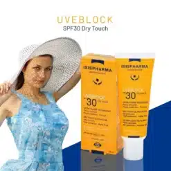 Crème solaire Isispharma Uveblock SPF30 Dry Touch offrant une protection élevée pour les peaux sensibles.