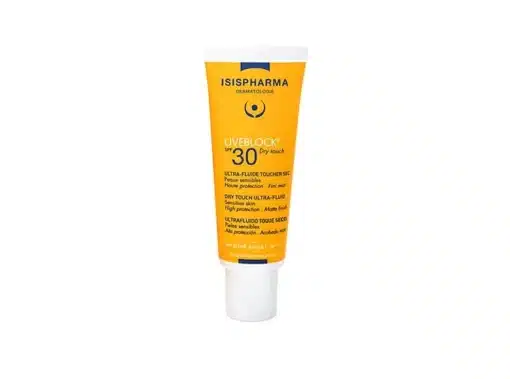 Tube de crème solaire Isispharma Uveblock SPF30 pour peaux sensibles avec toucher sec.